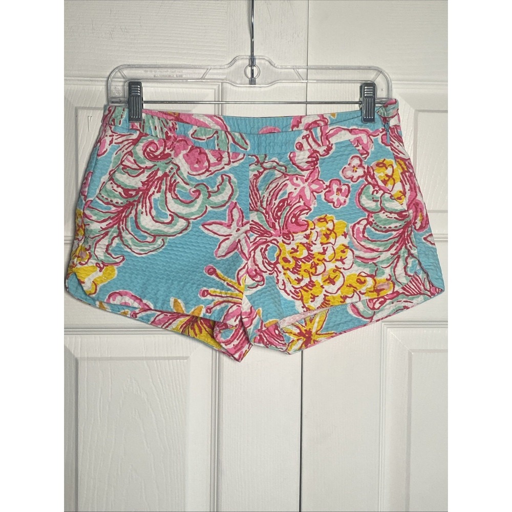 Lilly Pulitzer Callahan Shorts Womens Size 00 Blue Pink Floral Seersucker Cotton